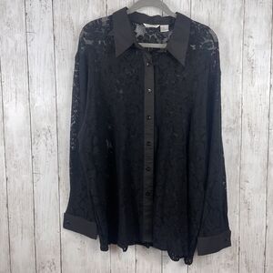 Malcolm & Co Top Women 1X Black Lace Button Down Tunic Collar Whimsigoth Witchy